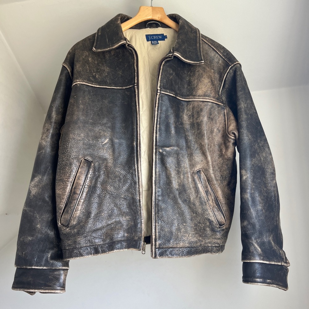 Vintage 90s J. Crew Leather Bomber Jacket Large Brown Worn Distressed Faded - Picture 3 of 12